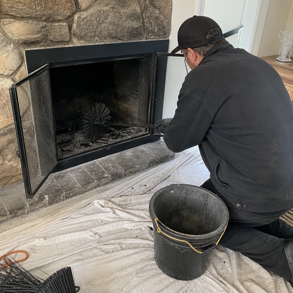 Professional chimney sweep cleaning a stone fireplace with a brush
