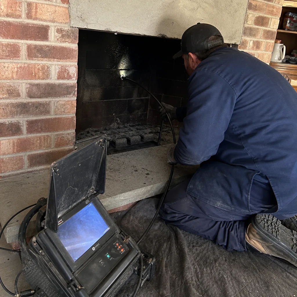 Technician performing a professional fireplace and chimney inspection with camera equipment