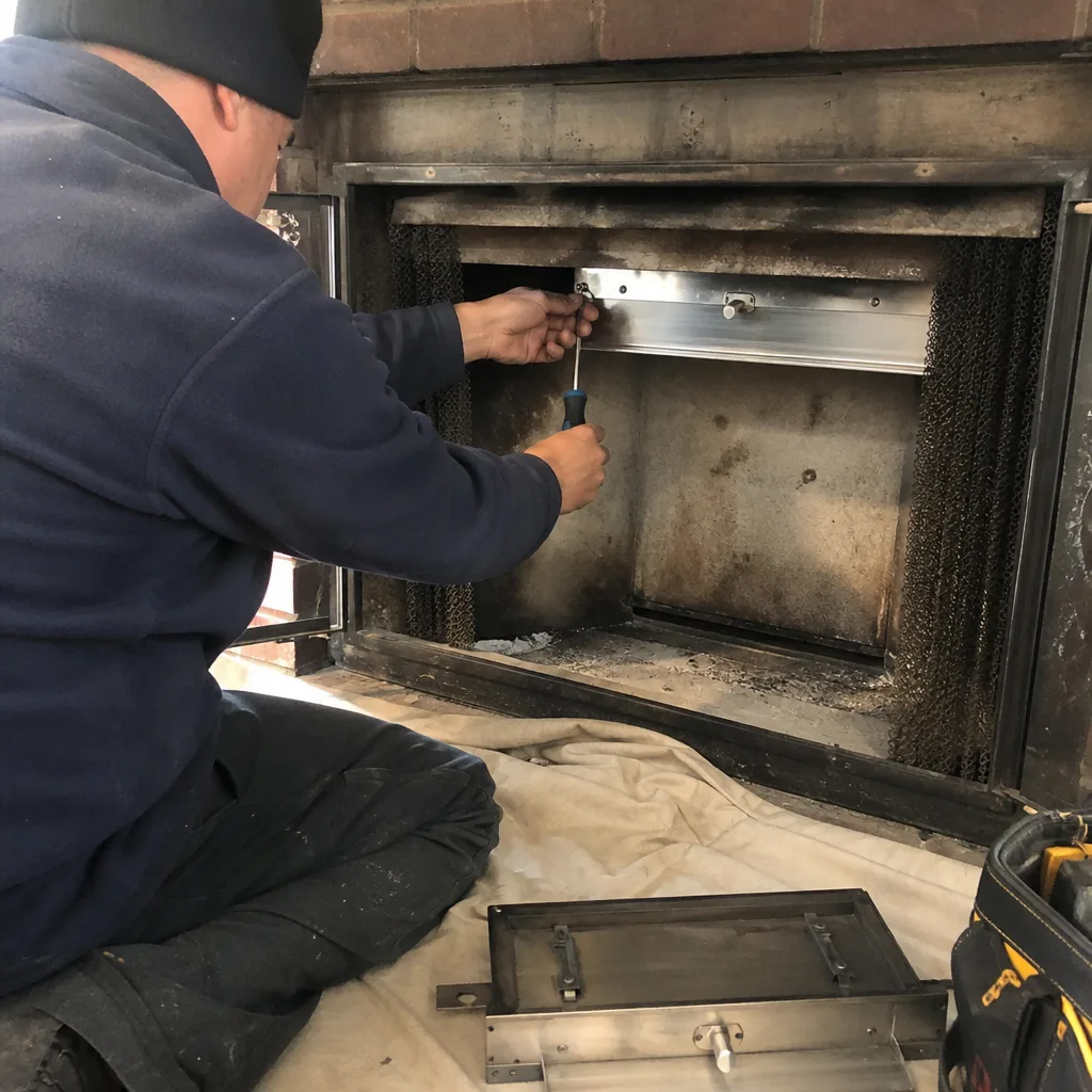 Technician performing fireplace damper installation and maintenance services.