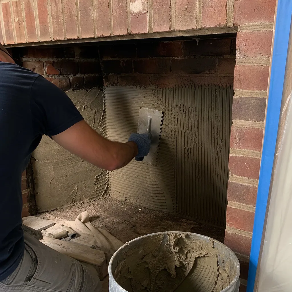 professional applying mortar to fireplace wall for tile installation