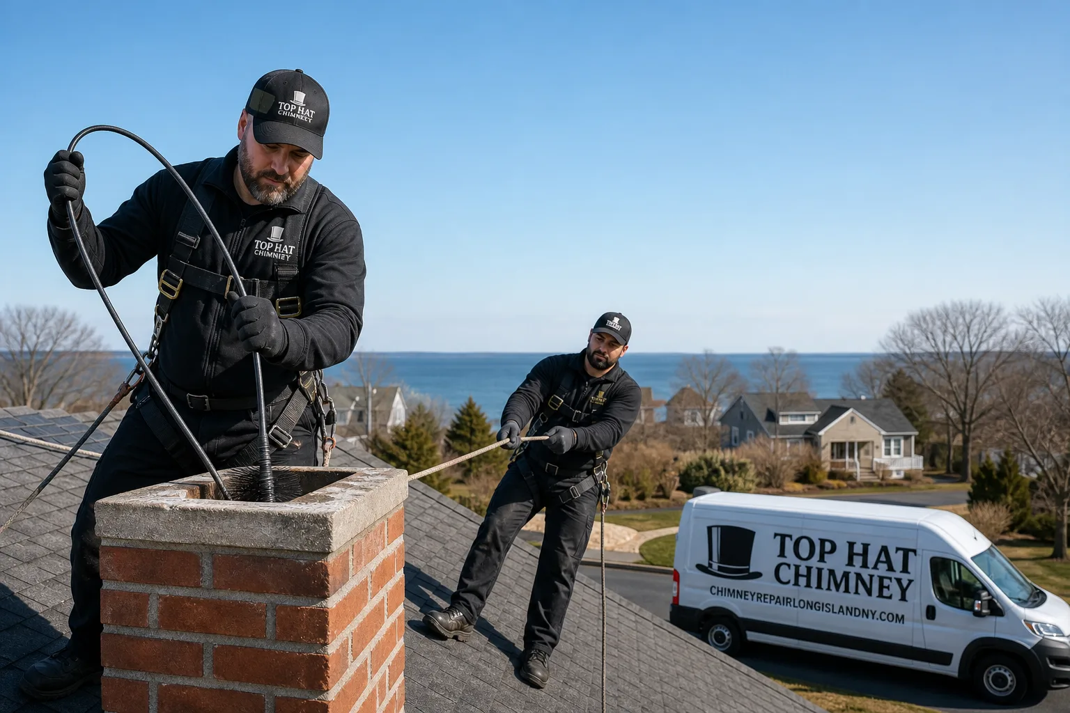 Top Hat Chimney chimney cleaning service vehicle and crew in Long Island, NY